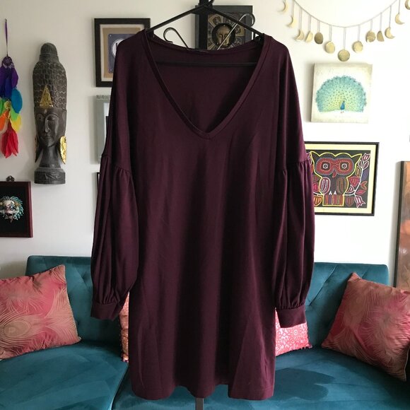 EXPRESS size L Burgundy Stretch Ponte Knit Balloon Sleeve Shift Dress - Picture 1 of 5